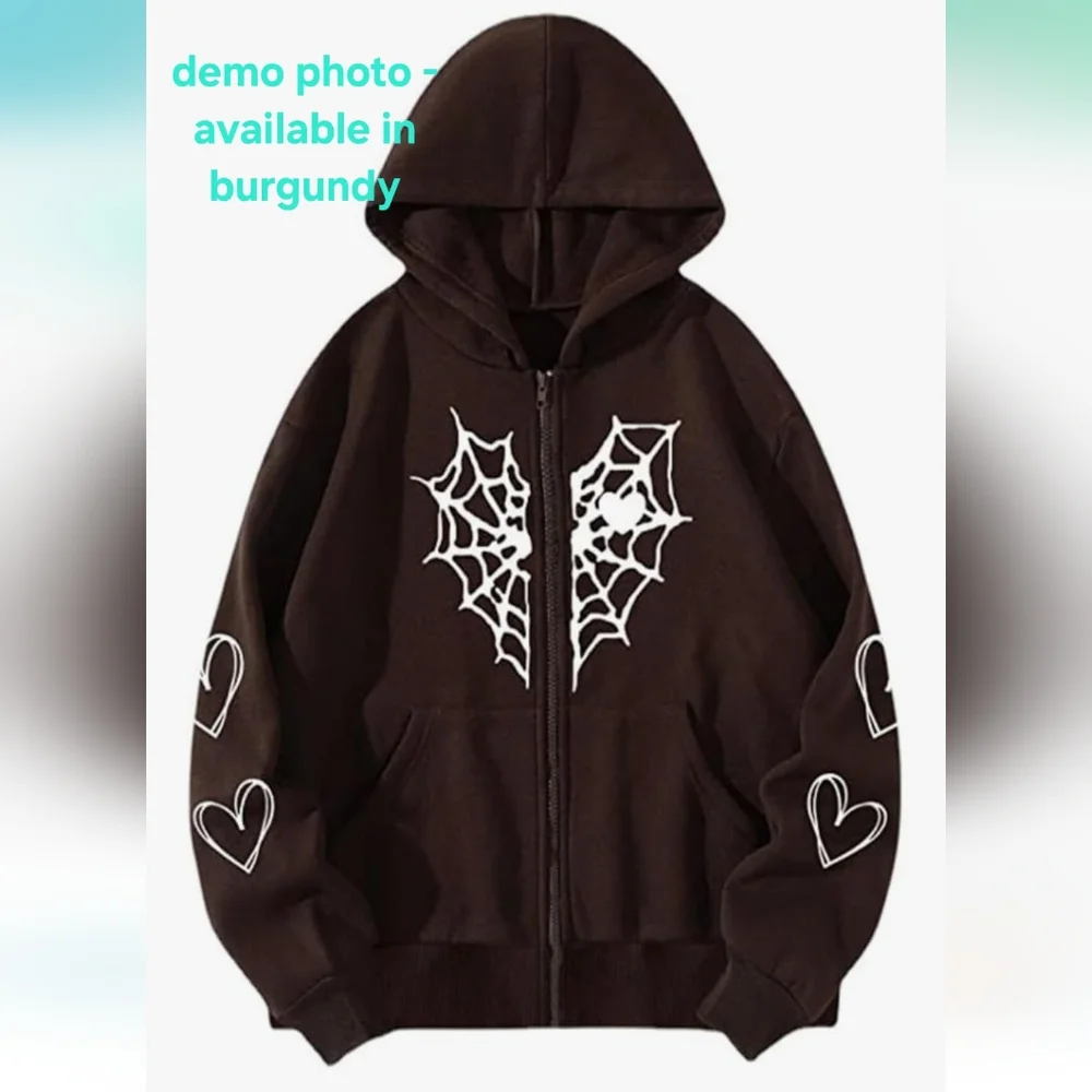 Oversized Y2K Zip Up Gothic Spider Web Heart Graphic Sweatshirt Hoodie - NWOT